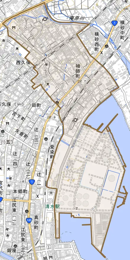袖師町とその周辺の地図。町の範囲を重ねている