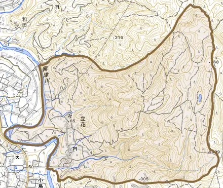立花とその周辺の地図。町の範囲を重ねている