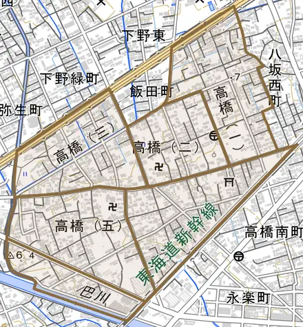 高橋とその周辺の地図。町の範囲を重ねている