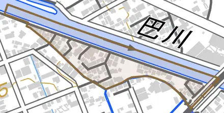 高橋町とその周辺の地図。町の範囲を重ねている