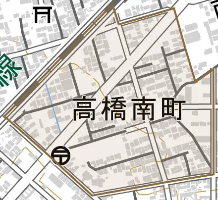 高橋南町とその周辺の地図。町の範囲を重ねている