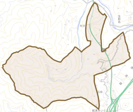高山とその周辺の地図。町の範囲を重ねている