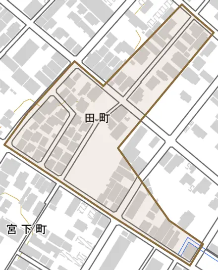 田町とその周辺の地図。町の範囲を重ねている