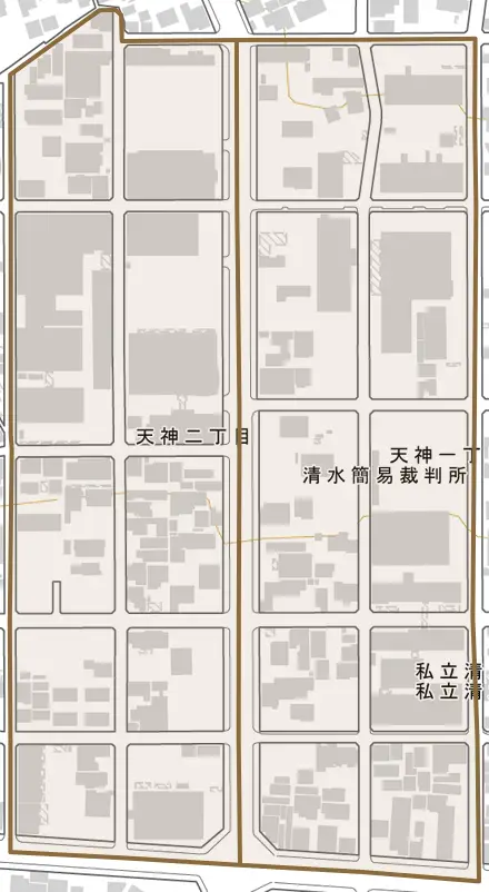 天神とその周辺の地図。町の範囲を重ねている