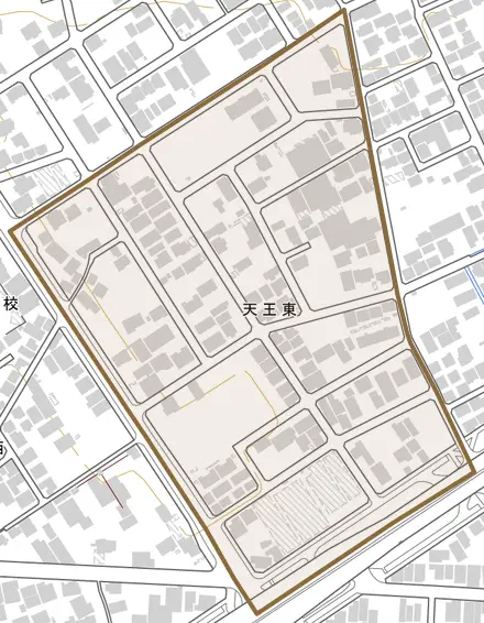 天王東とその周辺の地図。町の範囲を重ねている