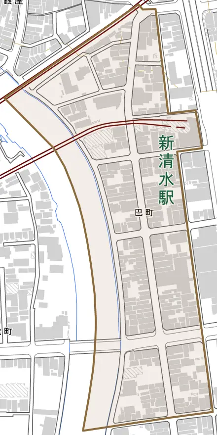 巴町とその周辺の地図。町の範囲を重ねている