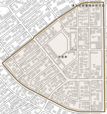 月見町とその周辺の地図。町の範囲を重ねている