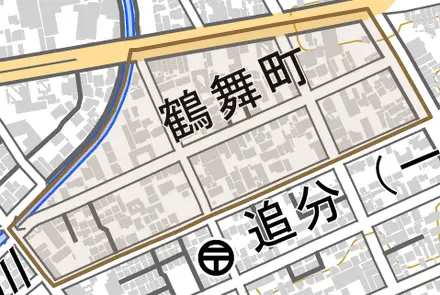 鶴舞町とその周辺の地図。町の範囲を重ねている