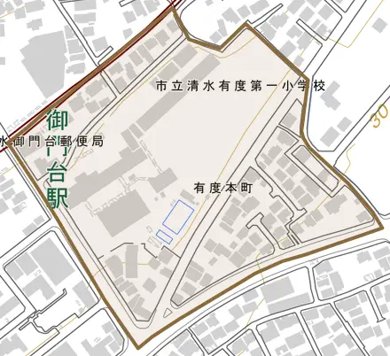 有度本町とその周辺の地図。町の範囲を重ねている