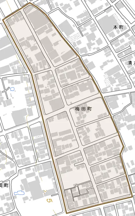 梅田町とその周辺の地図。町の範囲を重ねている