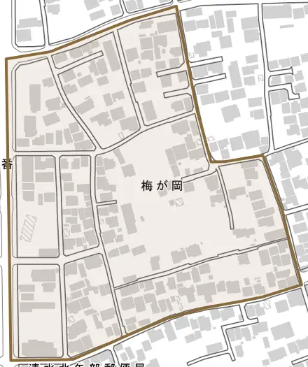 梅が岡とその周辺の地図。町の範囲を重ねている