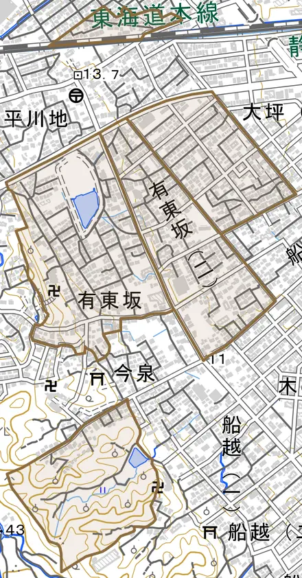 有東坂とその周辺の地図。町の範囲を重ねている