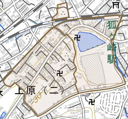 上原とその周辺の地図。町の範囲を重ねている
