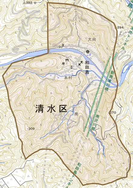 和田島とその周辺の地図。町の範囲を重ねている