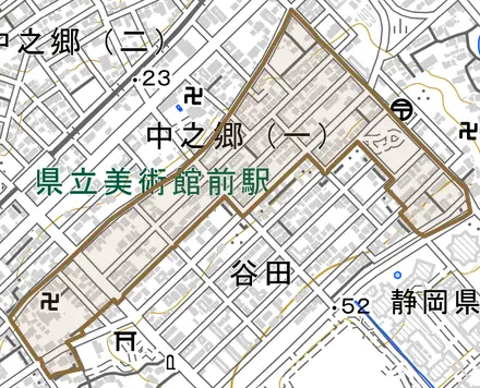 谷田とその周辺の地図。町の範囲を重ねている