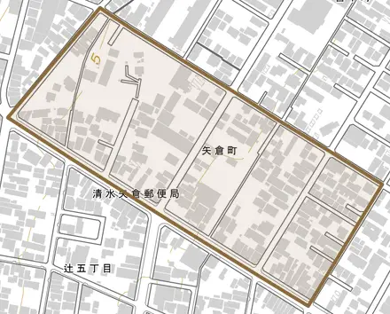 矢倉町とその周辺の地図。町の範囲を重ねている