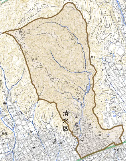山原とその周辺の地図。町の範囲を重ねている