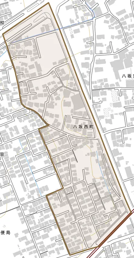 八坂西町とその周辺の地図。町の範囲を重ねている