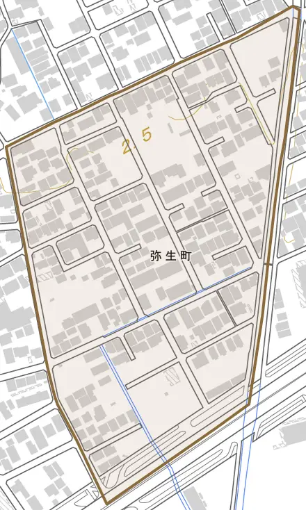弥生町とその周辺の地図。町の範囲を重ねている