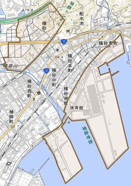 横砂とその周辺の地図。町の範囲を重ねている