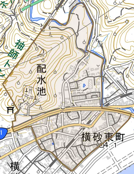 横砂東町とその周辺の地図。町の範囲を重ねている