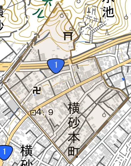 横砂本町とその周辺の地図。町の範囲を重ねている