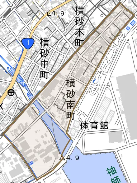 横砂南町とその周辺の地図。町の範囲を重ねている