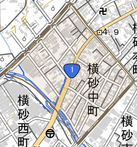 横砂中町とその周辺の地図。町の範囲を重ねている