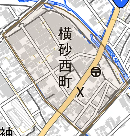 横砂西町とその周辺の地図。町の範囲を重ねている