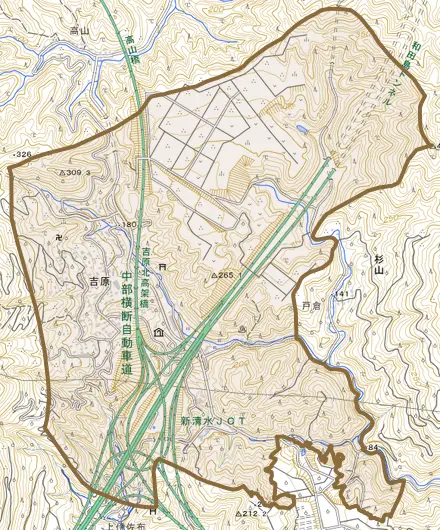 吉原とその周辺の地図。町の範囲を重ねている