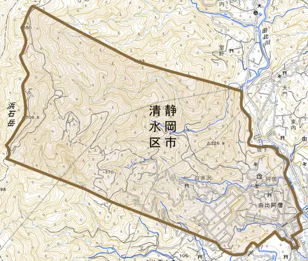 由比阿僧とその周辺の地図。町の範囲を重ねている