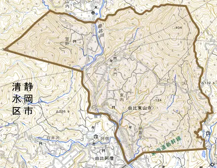 由比東山寺とその周辺の地図。町の範囲を重ねている