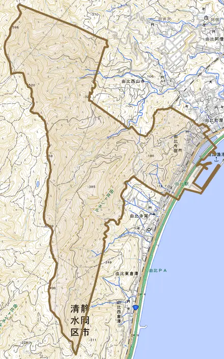 由比今宿とその周辺の地図。町の範囲を重ねている