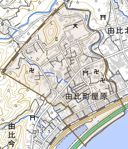 由比町屋原とその周辺の地図。町の範囲を重ねている
