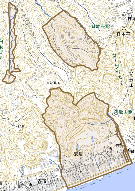 安居とその周辺の地図。町の範囲を重ねている