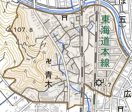 青木とその周辺の地図。町の範囲を重ねている