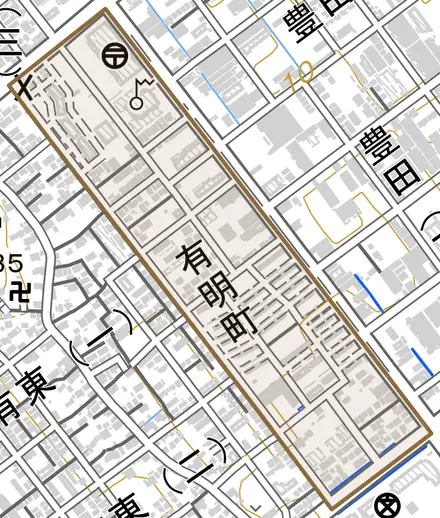 有明町とその周辺の地図。町の範囲を重ねている