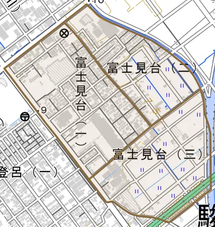 富士見台とその周辺の地図。町の範囲を重ねている