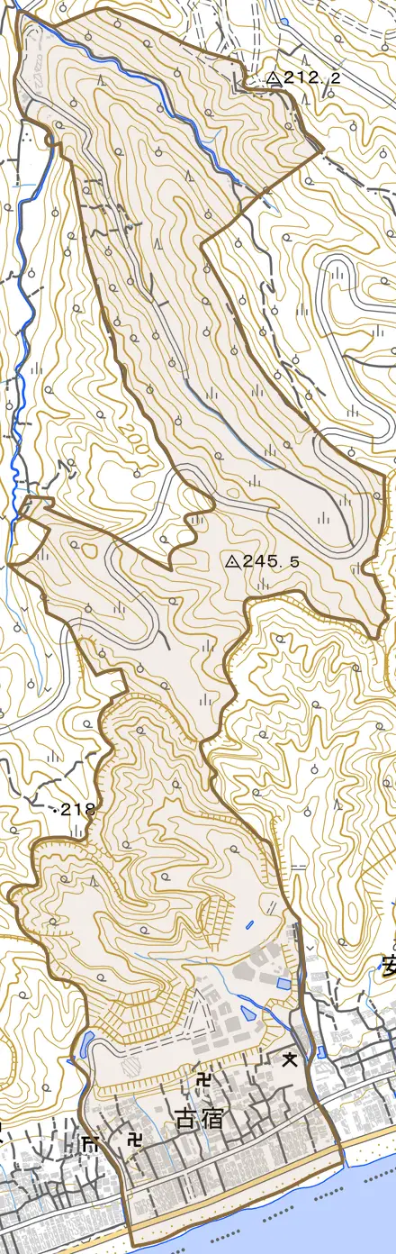 古宿とその周辺の地図。町の範囲を重ねている