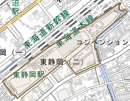 東静岡とその周辺の地図。町の範囲を重ねている