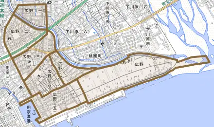 広野とその周辺の地図。町の範囲を重ねている