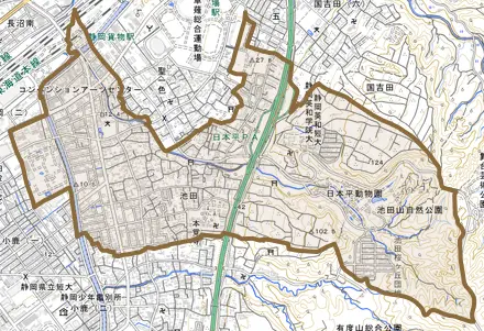池田とその周辺の地図。町の範囲を重ねている