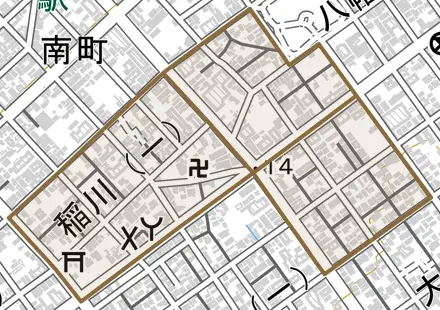 稲川とその周辺の地図。町の範囲を重ねている