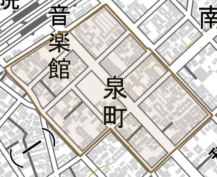 泉町とその周辺の地図。町の範囲を重ねている