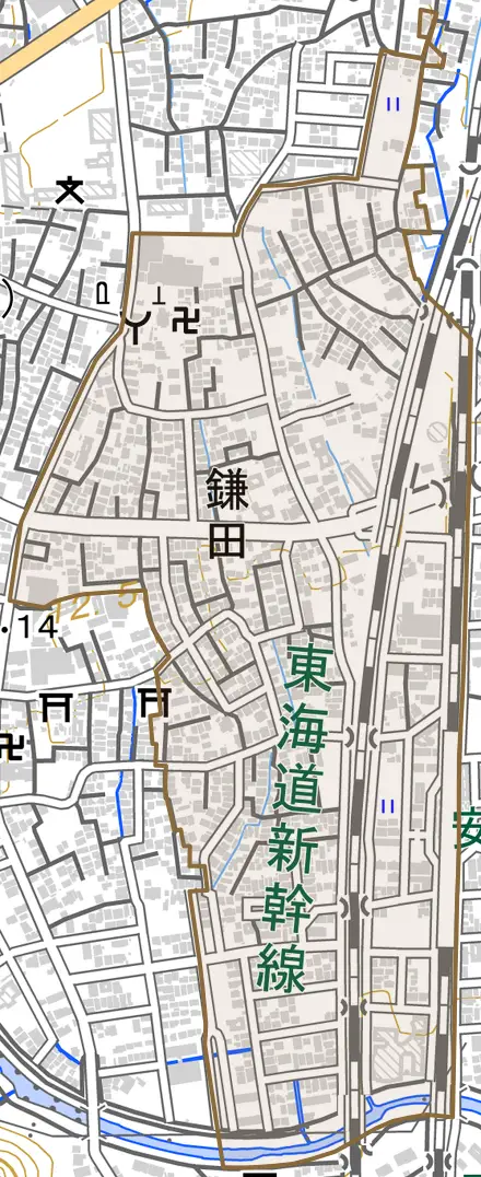 鎌田とその周辺の地図。町の範囲を重ねている