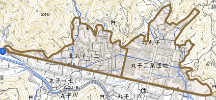 北丸子とその周辺の地図。町の範囲を重ねている