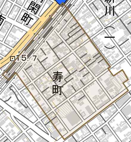 寿町とその周辺の地図。町の範囲を重ねている