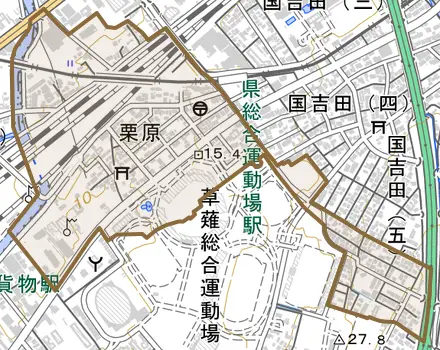 栗原とその周辺の地図。町の範囲を重ねている