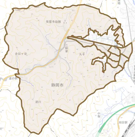 丸子とその周辺の地図。町の範囲を重ねている