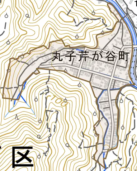 丸子芹が谷町とその周辺の地図。町の範囲を重ねている